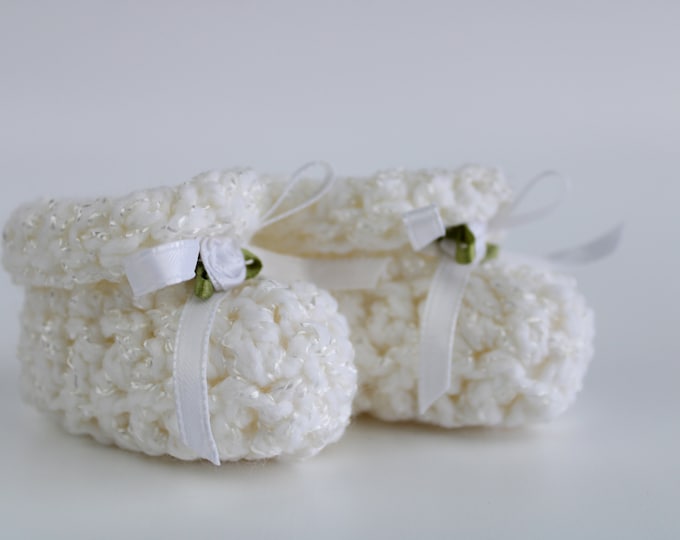Baby Cloud Booties - White 0-6 Months, Hand Crocheted Booties with Satin Ribbon & Satin Rose, Adorable Baby Shower Gift, CQB-White