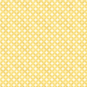 Könnte beinhalten: Ein sich wiederholendes geometrisches Muster mit ineinandergreifenden gelben Kreisen auf weißem Hintergrund. Das Design erzeugt ein Gitter aus vierzackigen Sternformen, die durch die überlappenden Kreissegmente entstehen und ein symmetrisches Motiv bilden.