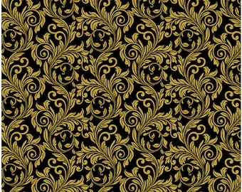 SALE - Festive Scroll-Black Enhanced with Metallic Gold, Festive Medley by Jackie Robinson, Benartex Designer Fabrics, 100% Cotton, 6872M-12