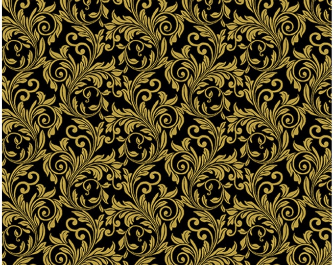 SALE - Festive Scroll-Black Enhanced with Metallic Gold, Festive Medley by Jackie Robinson, Benartex Designer Fabrics, 100% Cotton, 6872M-12
