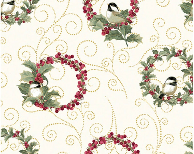 Chickadee Wreaths-Cream with Enhanced Metallic Gold, Festive Medley by Jackie Robinson, Benartex Designer Fabrics, 100% Cotton, 13181M-07