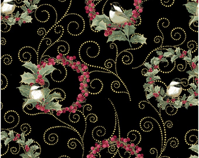 Chickadee Wreaths-Black Enhanced with Metallic Gold, Festive Medley by Jackie Robinson for Benartex Designer Fabrics, 100% Cotton, 13181M-12