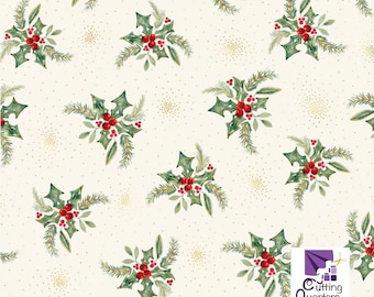 Joyful - Tossed Holly Ecru with Metallic Highlights, 100% Cotton, JOYF 5888 E