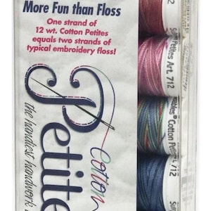 May include: A package of Sulky Cotton Petites embroidery thread in various colors. The packaging includes text that reads "Easier, Faster and More Fun than Floss." Each spool contains 50 yards of 100% cotton, 12 wt. thread.