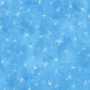 May include: A seamless pattern of white dandelion seeds on a light blue watercolor background.