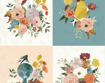 Winged Medley Birds and Bouquets Panel (36' x 43"), 100% Cotton, P15918-PANEL