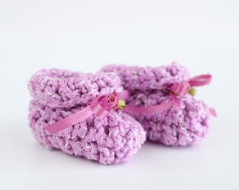 Baby Cloud Booties - Purple, Size 0-6 Months, Hand Crocheted Booties with Satin Ribbon & Satin Rose, Adorable Baby Shower Gift, CQB-Purple