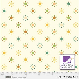 May include: A white fabric with a repeating pattern of small, multi-colored starbursts. The fabric is marked with a ruler in inches and the text "BNEC 4567 MU" and a logo for "Cutting Quarters".