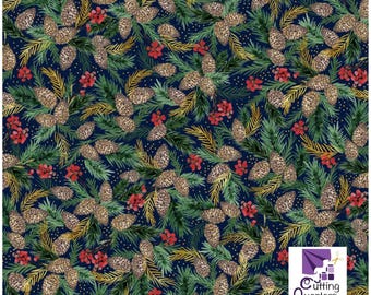 Joyful - Packed Pine Cone Sprigs Navy with Metallic Highlights, 100% Cotton, JOYF 5890 N