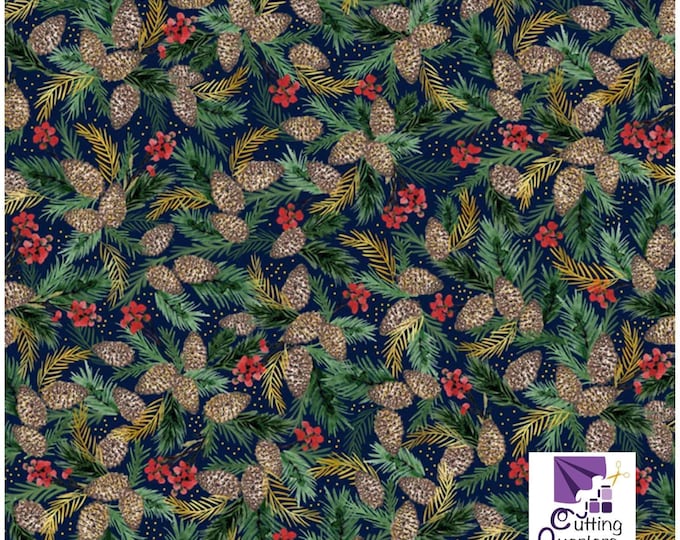 Joyful - Packed Pine Cone Sprigs Navy with Metallic Highlights, 100% Cotton, JOYF 5890 N