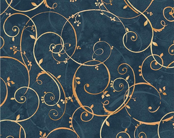 Bountiful - Golden Scroll Navy, 100% Cotton, BOUN 5883 N