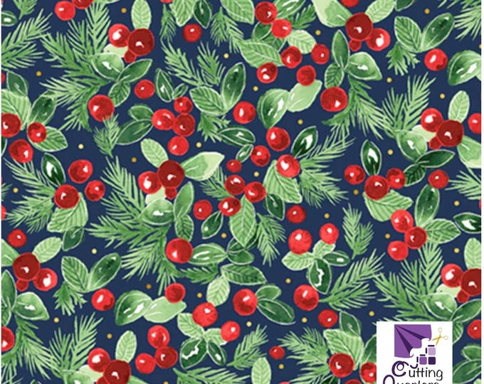 Joyful - Packed Berry Branches Dark Blue with Metallic Highlights, 100% Cotton, JOYF 5891 DB