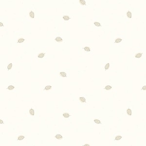 May include: A repeating pattern of small, stylized leaves scattered across a cream-colored background. The leaves are a light beige color with delicate line details and a subtle shadow effect, creating a sense of depth. Tiny dots are also scattered across the background.