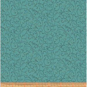 Puede incluir: Tela turquesa con un patrón repetitivo de remolinos dorados y negros. La tela es texturizada y tiene un brillo sutil.