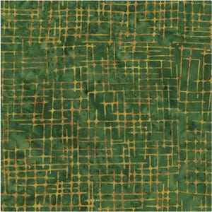 May include: Green and gold fabric with a geometric pattern. The pattern is made up of squares and rectangles, with a subtle shimmer.
