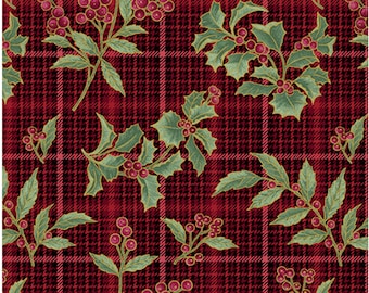 Holly and Plaid-Red Enhanced with Metallic Gold, Festive Medley by Jackie Robinson, Benartex Designer Fabrics, 100% Cotton, 13185M-10
