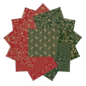 K&ouml;nnte beinhalten: Eine sternf&ouml;rmige Anordnung von Stoffquadraten in Rot und Gr&uuml;n. Jedes Quadrat weist ein anderes Blumen- oder Musterdesign in Gold oder Beige auf. Die Kanten der Quadrate sind gewellt, was einen dekorativen Effekt erzeugt. Die Stoffe sind wahrscheinlich zum Quilten oder Basteln.