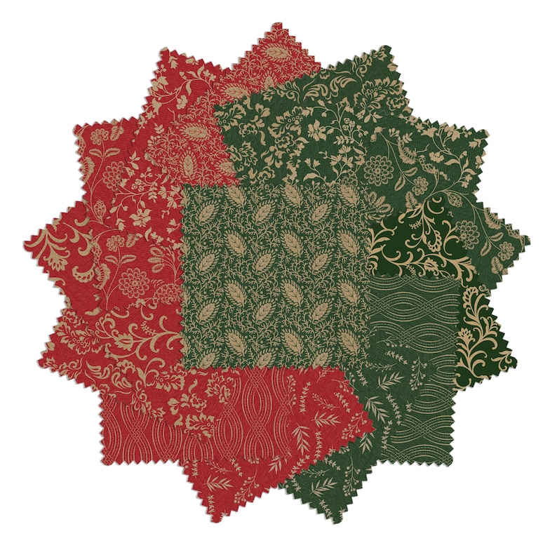 K&ouml;nnte beinhalten: Eine sternf&ouml;rmige Anordnung von Stoffquadraten in Rot und Gr&uuml;n. Jedes Quadrat weist ein anderes Blumen- oder Musterdesign in Gold oder Beige auf. Die Kanten der Quadrate sind gewellt, was einen dekorativen Effekt erzeugt. Die Stoffe sind wahrscheinlich zum Quilten oder Basteln.