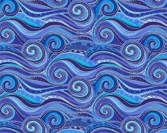 Wild Waters Sea Swirls Dark Blue, 100% Cotton, WWAT 5485-DB