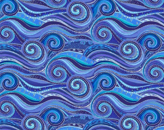 Wild Waters Sea Swirls Dark Blue, 100% Cotton, WWAT 5485-DB