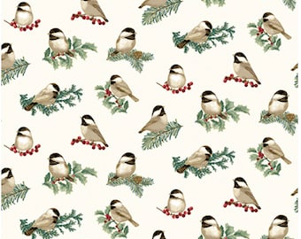 Charming Chickadees-Cream Enhanced with Metallic Gold, Festive Medley by Jackie Robinson, Benartex Designer Fabrics, 100% Cotton, 13182M-07