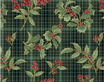 Holly and Plaid-Green Enhanced with Metallic Gold, Festive Medley by Jackie Robinson, Benartex Designer Fabrics, 100% Cotton, 13185M-44