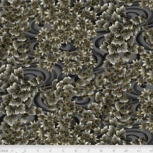 以下が含まれることがあります： スタイリッシュな葉と渦巻き模様が繰り返される黒と金の生地。生地の名前は「TSUR 5260 K」。