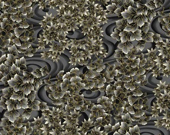 Tsuru Swirling Leaves Black with Gold Metallic, 100% Cotton, TSUR 5260 K