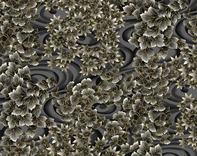 Tsuru Swirling Leaves - Black with Gold Metallic Highlights by P&B Textiles, 100% Premium Cotton Fabric, TSUR 5260 K