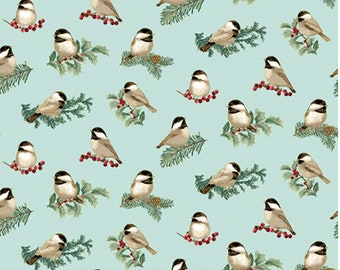 Charming Chickadees Lt. Turquoise Enhanced with Metallic Gold, Festive Medley by Jackie Robinson, Benartex Fabrics, 100% Cotton, 13182M-04