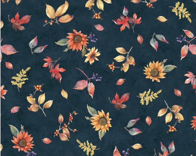 Bountiful - Tossed Fall Flowers Navy, 100% Cotton, BOUN 5881 N