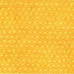 May include: A close-up of a fabric featuring a repeating pattern of interlocking circles in shades of yellow and orange. The textile has a textured appearance, with variations in colour and tone throughout the design. The overall effect is a warm and inviting textile.