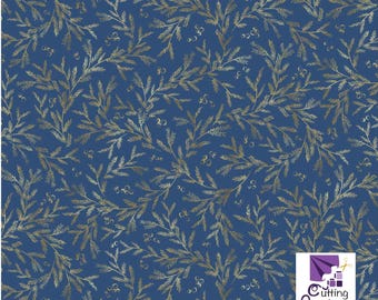 Joyful - Pine Branch Vines Blue with Metallic Highlights, 100% Cotton, JOYF 5893 B