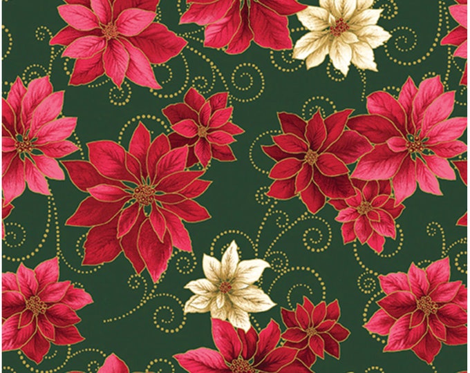 Poinsettia Scroll-Green/Red Enhanced with Metallic Gold, Festive Medley, Jackie Robinson, Benartex Designer Fabrics, 100% Cotton, 13186M-41