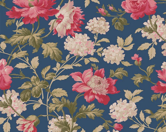 Belles Pivoines - Large Floral Blue by Retro Vintage for P&B Textiles,  100% Premium Cotton Fabric, BPIV-4688-B