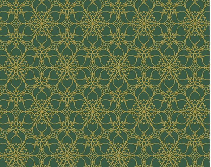 Golden Medallion-Green Enhanced with Metallic Gold, Festive Medley by Jackie Robinson, Benartex Designer Fabrics, 100% Cotton, 13183M-44