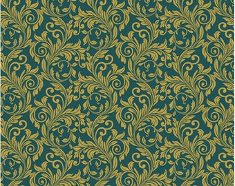 Festive Scroll-Turquoise Enhanced with Metallic Gold, Festive Medley by Jackie Robinson, Benartex Designer Fabrics, 100% Cotton, 6872M-83