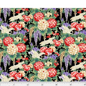 Tsuru Main Allover - P&B Textiles のブラックにゴールドのメタリックハイライト、100% プレミアムコットン生地、TSUR 5257 K
