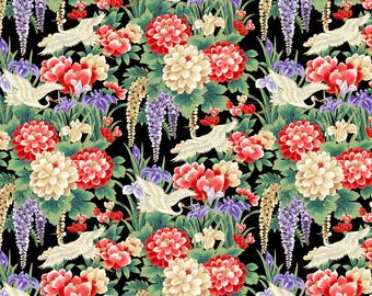 Tsuru Main Allover Black with Gold Metallic, 100% Cotton, TSUR 5257 K