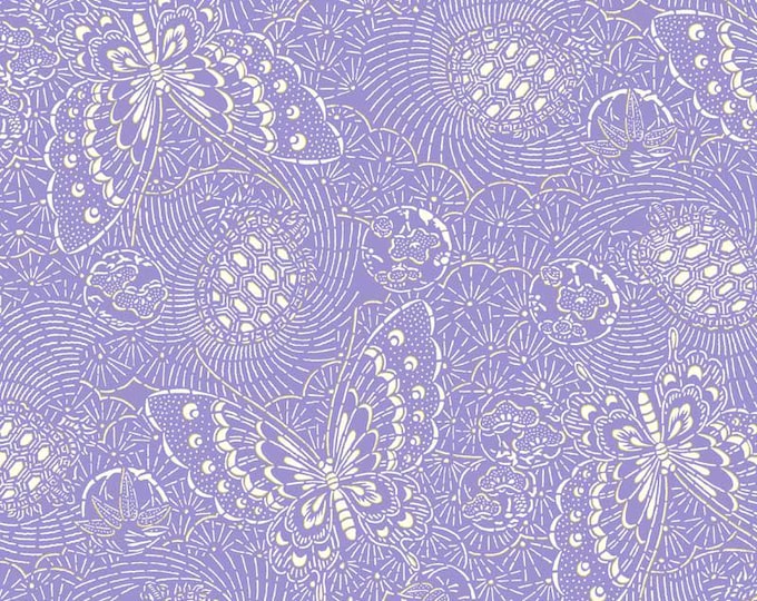 Tsuru Butterfly Linework - Purple with Gold Metallic Highlights by P&B Textiles, 100% Premium Cotton Fabric, TSUR 5262 C