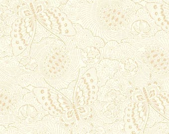 Tsuru Butterfly Linework - Cream with Gold Metallic Highlights by P&B Textiles, 100% Premium Cotton Fabric, TSUR 5262 E
