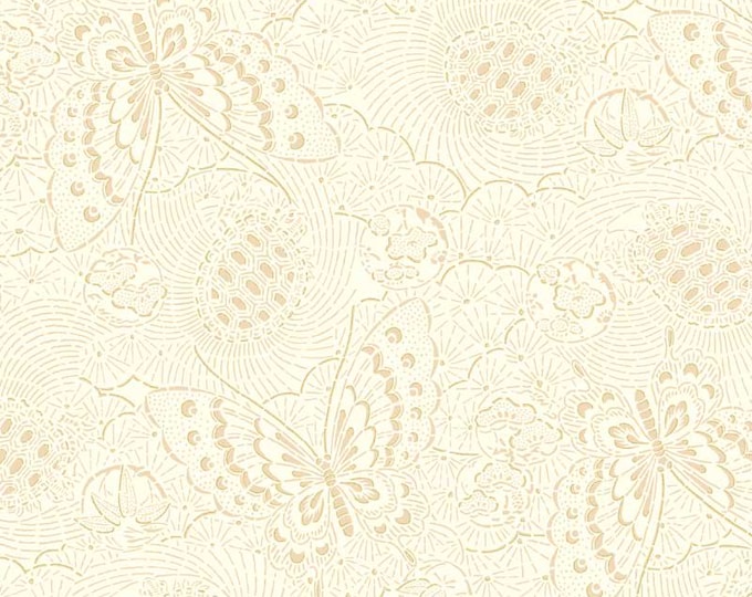 Tsuru Butterfly Linework - Cream with Gold Metallic Highlights by P&B Textiles, 100% Premium Cotton Fabric, TSUR 5262 E