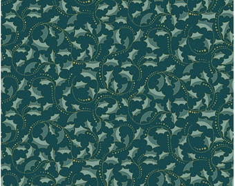 Golden Leaf Scroll-Dark Teal Enhanced with Metallic Gold, Festive Medley by Jackie Robinson, Benartex Designer Fabrics, 100% Cotton 2657M-84