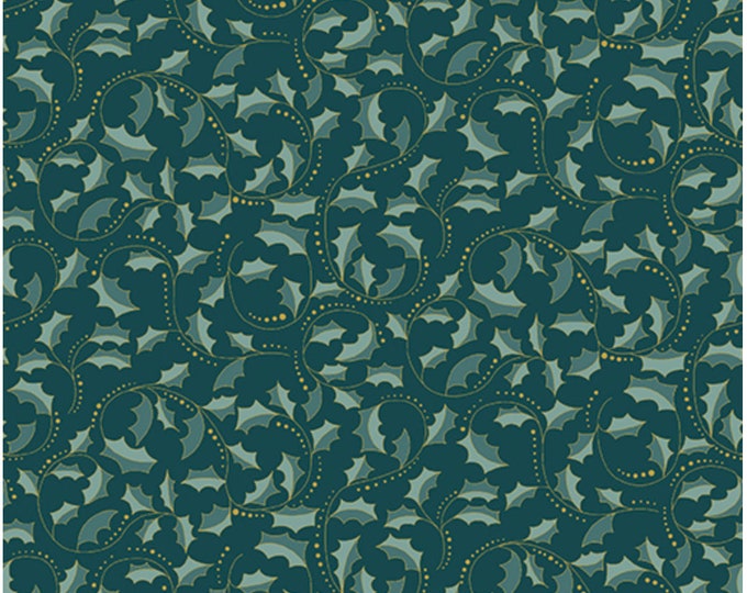 Golden Leaf Scroll-Dark Teal Enhanced with Metallic Gold, Festive Medley by Jackie Robinson, Benartex Designer Fabrics, 100% Cotton 2657M-84