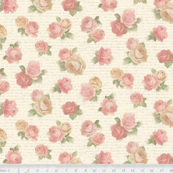 Sweet Blush Rose  - Writing and Rose for P&B Textiles,  100% Premium Cotton Fabric, SBRO-4638-MU