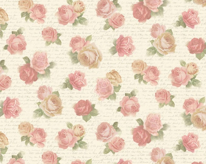 Sweet Blush Rose  - Writing and Rose for P&B Textiles,  100% Premium Cotton Fabric, SBRO-4638-MU