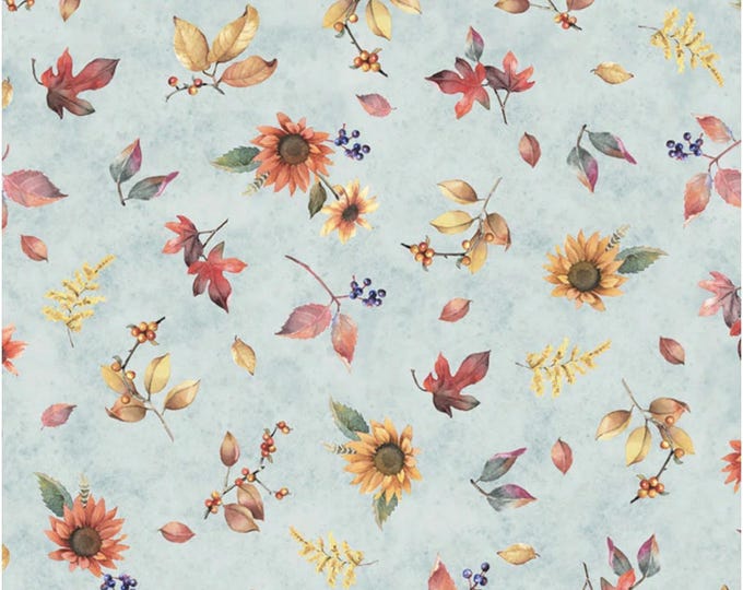 Bountiful - Tossed Fall Flowers Light Teal, 100% Cotton, BOUN 5881 LT