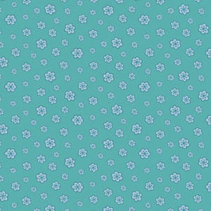 Könnte beinhalten: Ein türkisfarbener Hintergrund ist mit einem sich wiederholenden Muster aus kleinen, hellblauen Blumen bedeckt. Die Blumen sind gleichmäßig verteilt und variieren leicht in der Größe, wodurch ein zartes Design entsteht. Dieses Muster eignet sich für Stoff oder Tapeten.