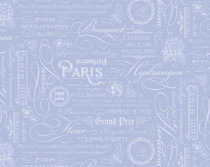 Hydrangeas in the Garden Text Blue Pearl, 100% Cotton Fabric, CPL16833-BLUE