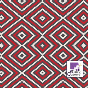 May include: A seamless pattern featuring a repeating geometric design of red and white diamonds on a grey background.